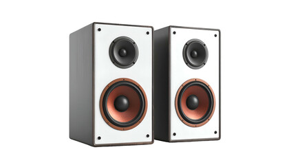 Fototapeta premium Two modern, rectangular speakers with white fronts and brown/black circular elements on a black backdrop