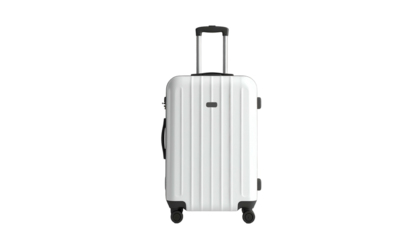 Isolated, pristine white upright travel suitcase with retractable handle and four wheels, centered on black