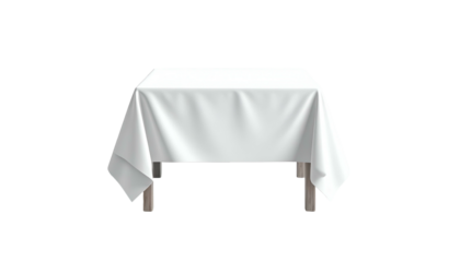 A front view of a square wooden table draped with a pristine white tablecloth