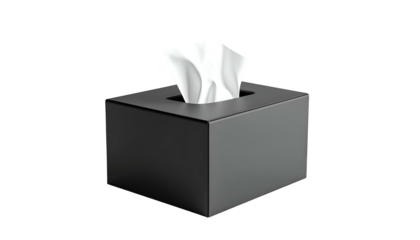 A minimalist, black tissue box with white tissues pulled out against a dark background