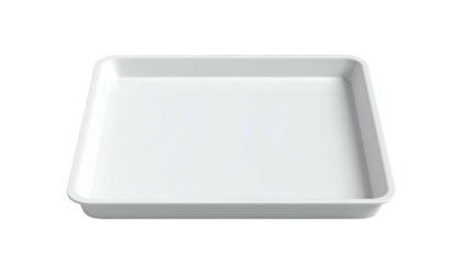 White, square, empty tray, slightly raised edges, isolated on a black background, centered