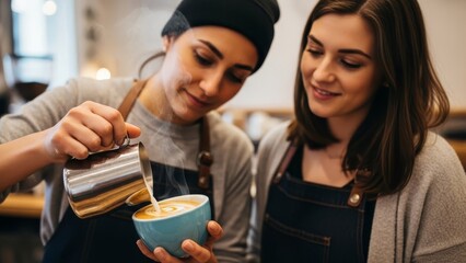 Senior barista training new employee on how to pour latte art in coffee shop.