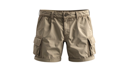 A pair of khaki cargo shorts displayed against a black backdrop, in full detail