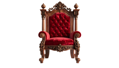A grand, ornate, wooden throne with a plush red velvet seat against a black background