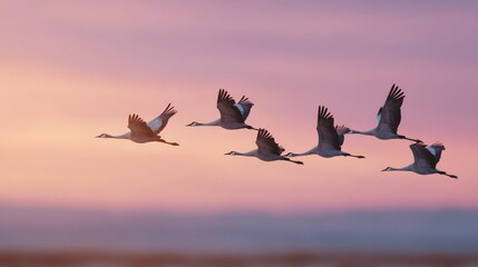 Fototapeta premium Flock of birds flying in a line across a beautiful sky