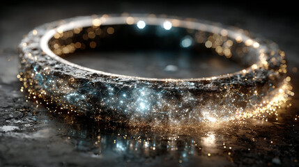 A glittering ring with a cosmic, galaxy-like pattern on a reflective surface.