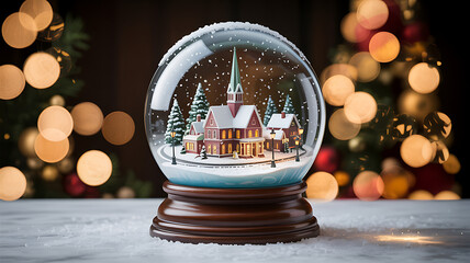 Snow Globe with Miniature Winter Town and Warm Glowing Lights