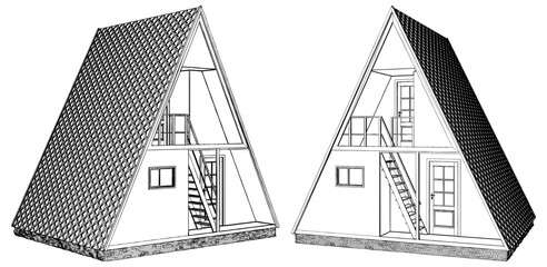 Mountain Wooden House Vector. An Illustration Of a Vintage Retro Old Triangular Residential House Isolated On A White Background.