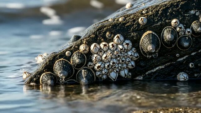 Close-up of barnacles on a rocky shoreline at sea
