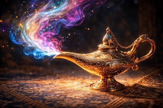 A magical golden lamp with a genie from One Thousand and One Nights. Magical smoke coming from the lamp spout.