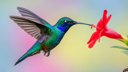 Naklejka premium Vibrant hummingbird feeding from a bright red flower in flight with colorful background