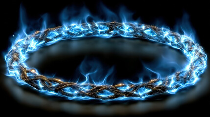 glowing fiery ring with electric blue flames, illuminated against black background.