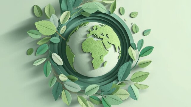 watercolor illustration of paper cut style globe with leaves and clouds, creative eco design, soft mint tones