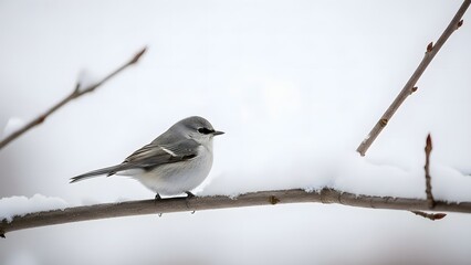 Fototapeta premium A small gray and white bird perched on a snowy branch in winter