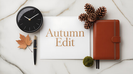 Autumn Still Life with Clock, Pinecones, Books, and Cozy Fall Decor