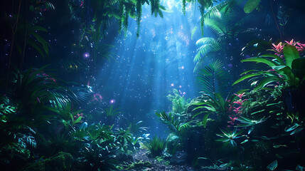 Alien jungle landscape filled with lush vegetation and glowing bioluminescent plants, ideal for science fiction, fantasy, and imaginative world-building themes.
