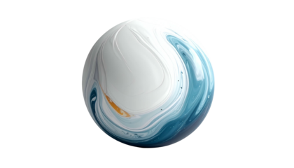 A glossy sphere with swirling patterns of blue, white, and a touch of gold
