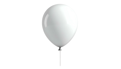 A white balloon, round, floating against a black backdrop, with a metallic stem