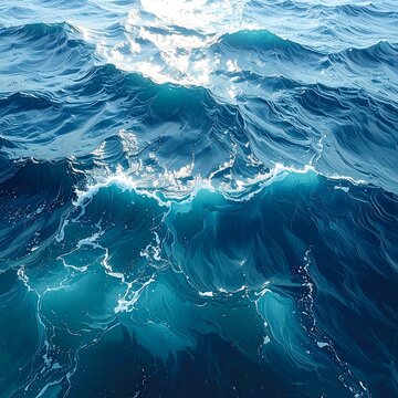 Close up View of Dynamic Blue Ocean Waves with White Foam and Sun Glare