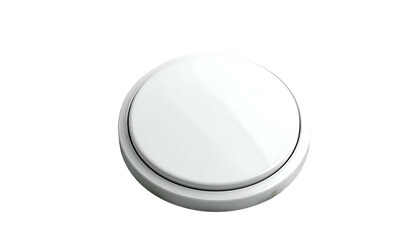 A glossy white circular button with a raised circular rim, set against a black background
