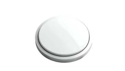 A glossy white circular button with a raised circular rim, set against a black background