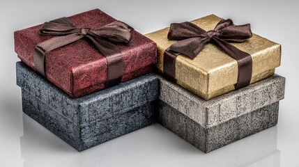 Professionelle Stilllebenfotografien zeigen mehrere sorgf&auml;ltig gestapelte Premium-Geschenkboxen, die mit luxuri&ouml;sen Satinb&auml;ndern verziert sind und satte Juwelent&ouml;ne aufweisen.