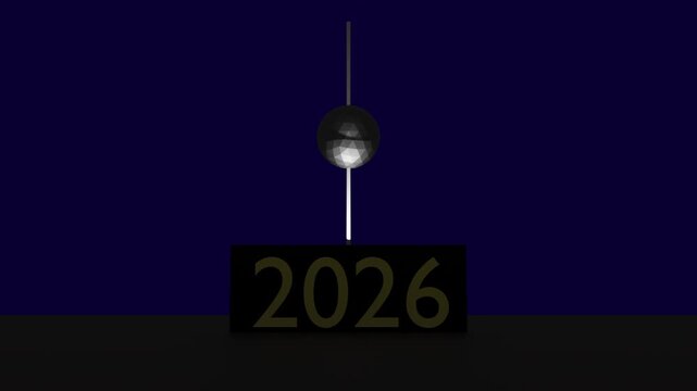3D render of 2026 ball drop with 2026 illuminated and shining on a reflective surface. Dark blue background	
