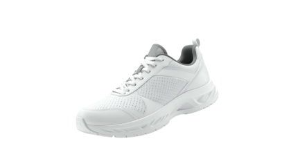 Modern white athletic shoe with mesh detailing and a chunky sole, isolated on black