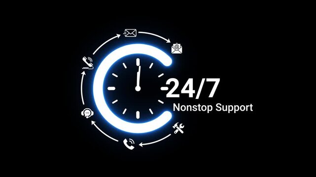 Glowing neon blue clock with surrounding communication and service symbolizing nonstop 24/7 support on a black background with text 24/7 Nonstop Support Keywords: 24/7, nonstop support, service