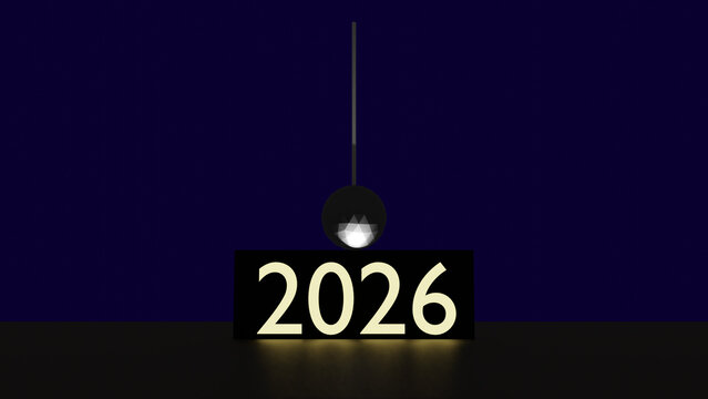 3D render of 2026 ball drop with 2026 illuminated and shining on a reflective surface. Dark blue background	