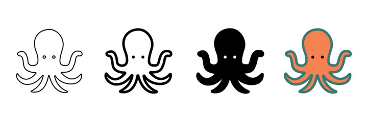 Fototapeta premium Set of minimalist octopus icons with transparent background, depicting marine animals, aquatic creatures, and sea life for web design, apps, and digital projects, vector illustration