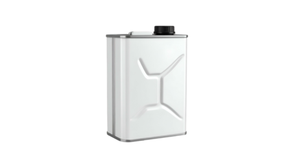 A clean, white metal fuel container, standing upright, with a black cap