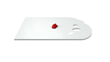 White art palette with red blob and two indentations on a black background