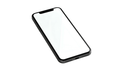 Angled shot of a modern smartphone with a blank white screen against a black background