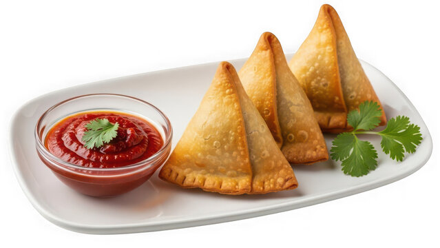 Three crispy samosas served with spicy tomato chutney and cilantro garnish isolated on transparent background