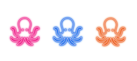 Neon glowing octopus vector icons set, marine, sea, ocean, creature, animal, underwater, tentacles, vibrant colorful digital design illustration.octopus, neon, glowing, marine, sea, ocean, creature, a