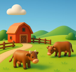 Cute 3D Cow Characters on a Farm Landscape Illustration