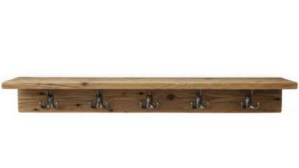 Rustic wooden coat rack shelf with five metal hooks isolated on transparent background