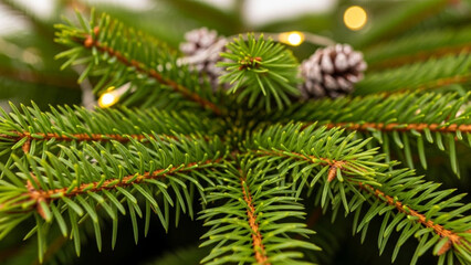 Close-up macro photo of a Christmas evergreen tree branch with fresh green fir and pine needles