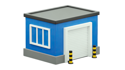 Blue Toy Garage with Closed Door and Window on White Background