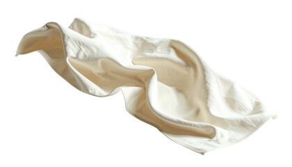 Floating, textured white cloth with visible folds and curves, isolated on black
