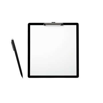 Digital illustration of a blank clipboard with a pen, set against black