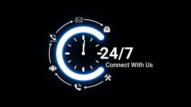 Bright neon blue 24/7 connect with us symbol with a clock face and multiple communication in a circular arrangement on a dark black background highlighting constant connectivity and client interaction
