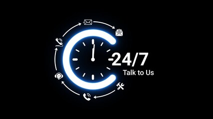Vivid neon blue 24/7 talk to us symbol featuring a clock face and various communication in a circular flow on a deep black background emphasizing continuous dialogue and customer engagement