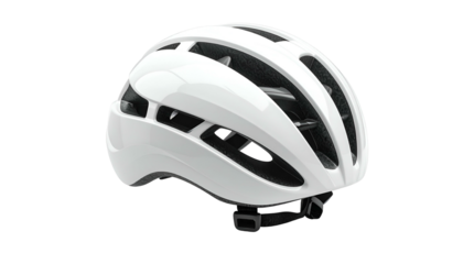 Sleek, white, ventilated helmet, angled view against black, showcasing vents and adjustable straps