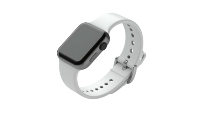 A smart wearable device with a black screen and white strap, angled on a dark backdrop
