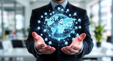 Businessman holding a digital globe with network connections.