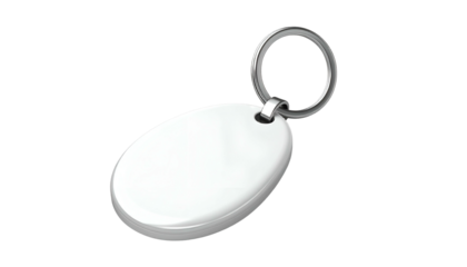 Glossy oval-shaped tag with a silver ring, likely for keys, isolated on black
