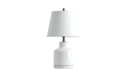 A pristine white lamp with a conical shade sits against a stark black background