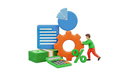 Business Process: Man Pushing Gear with Financial Elements